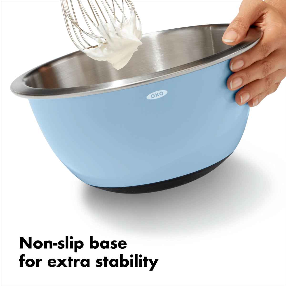 White exterior of OXO Good Grips bowls shields hands from heat during use.