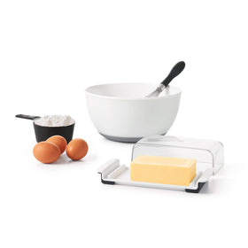 OXO Good Grips Wide Butter Dish holds 8 oz cream cheese securely.