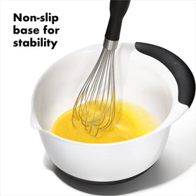 Wide lip and pour spout on the OXO Good Grips bowl for controlled transfers.