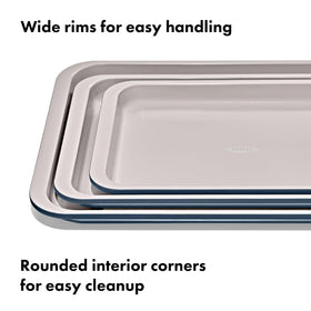 OXO Good Grips wide rims and handles simplify oven handling.