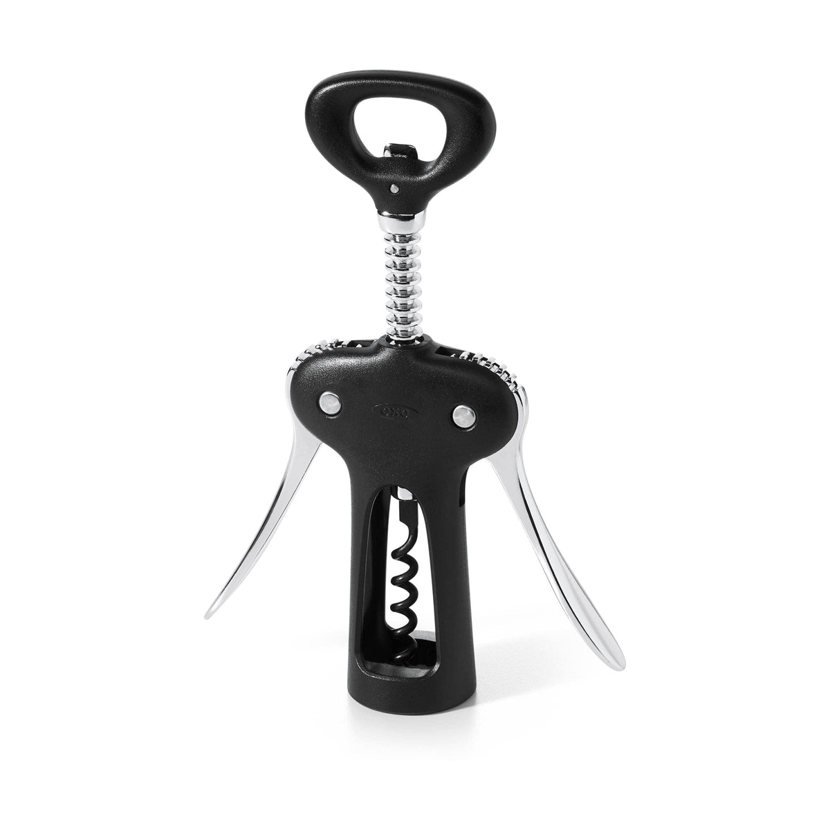 OXO Good Grips winged corkscrew with bottle opener in use on a bottle