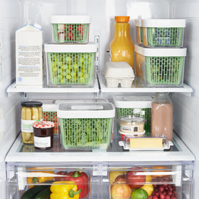 OXO Greensaver adjustable vent maintains humidity for different produce.