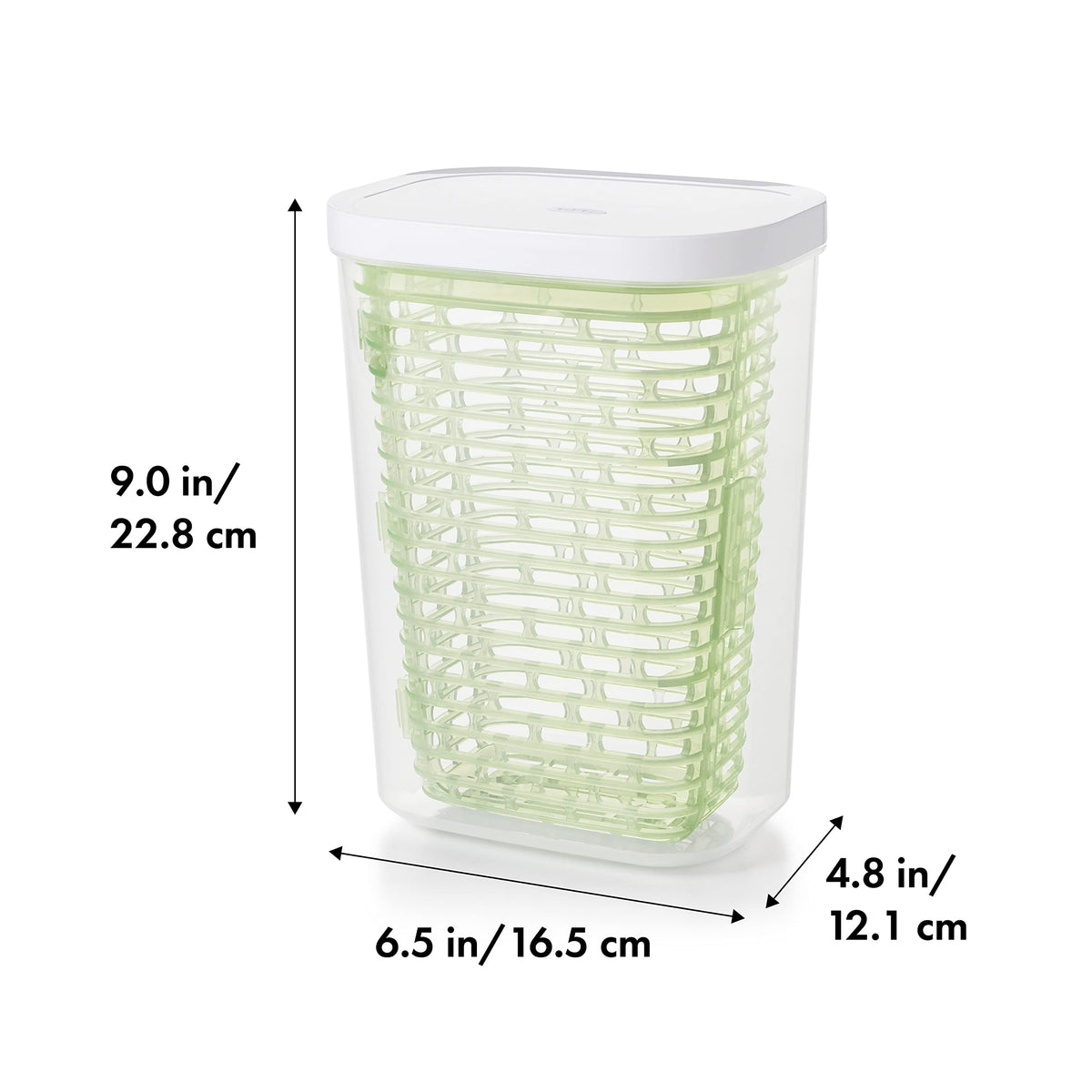 OXO Greensaver basket holds herbs upright for even airflow.