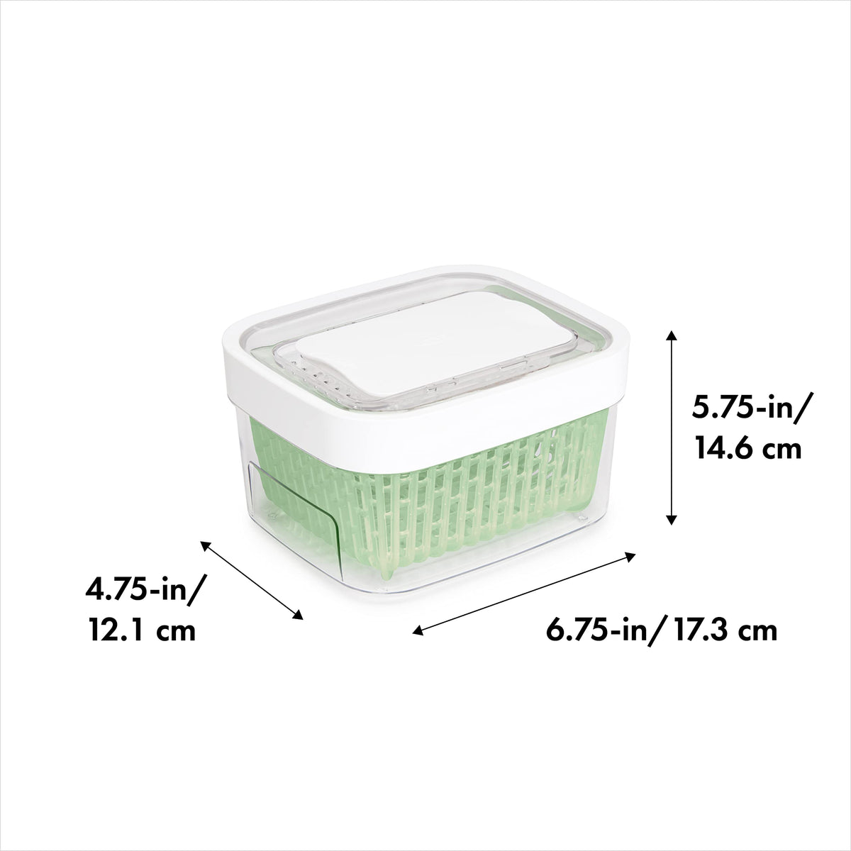 OXO Greensaver carbon filter absorbs ethylene to extend freshness.