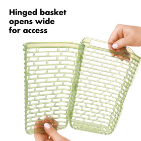 OXO Greensaver fits neatly on fridge shelves for convenient storage.