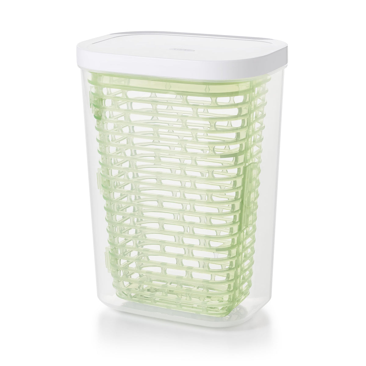 OXO Greensaver herb keeper with clear lid demonstrates humidity control for fresher herbs.