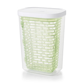 OXO Greensaver herb keeper with clear lid demonstrates humidity control for fresher herbs.