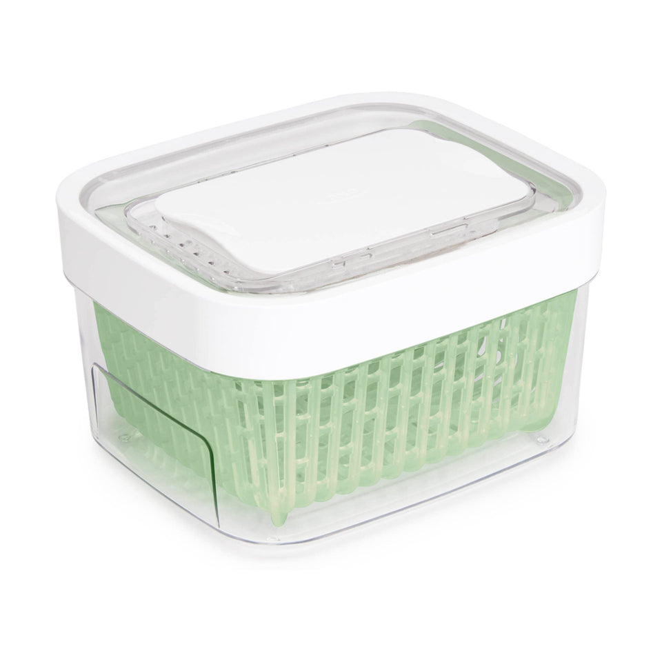 OXO Greensaver storage container 1.6 qt in white with airflow basket for berries.