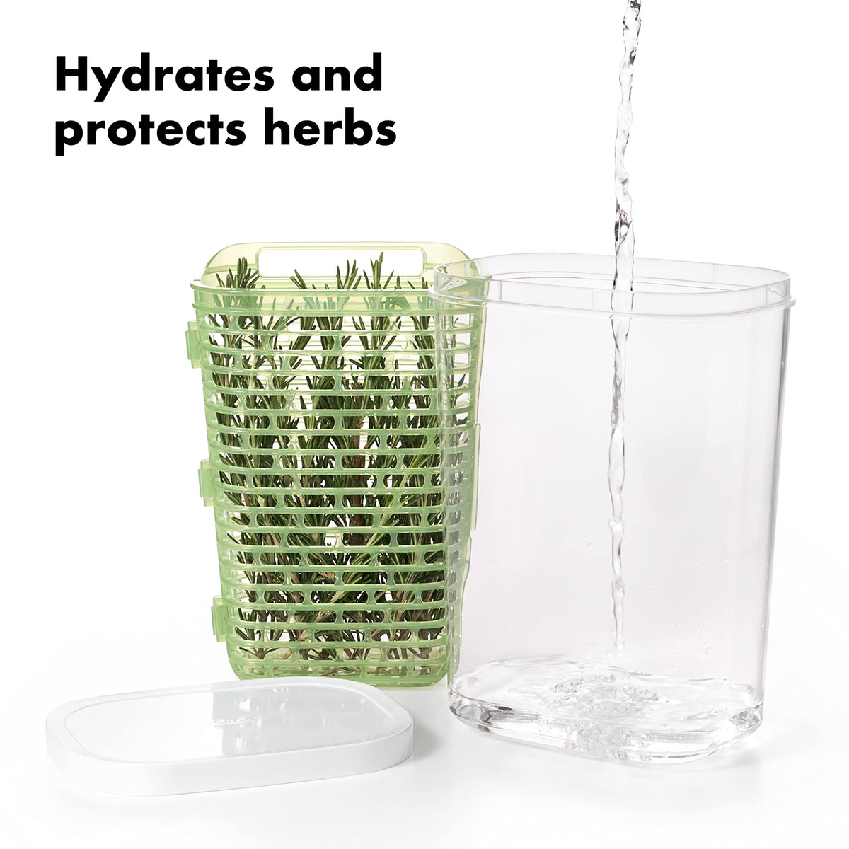 OXO Greensaver water bottom hydrates herbs to slow wilting.