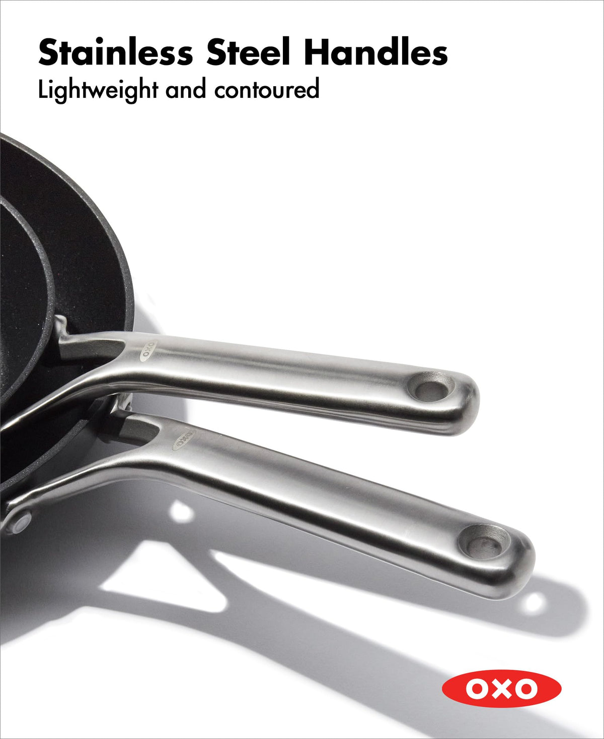 OXO hard-anodized aluminum body heats quickly and evenly across cookware.