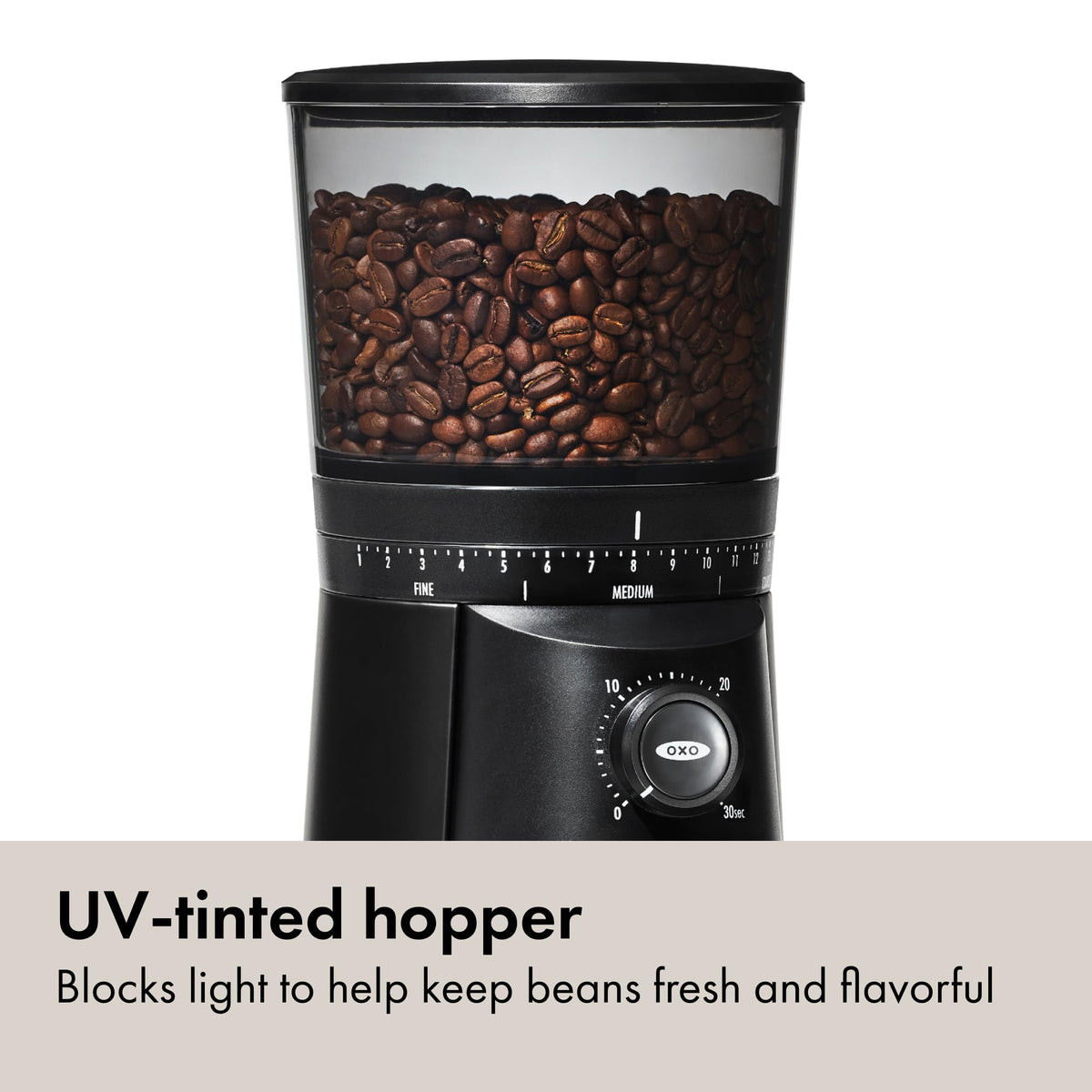 OXO Hopper holds up to 12 ounces of beans for fewer refills
