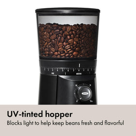 OXO Hopper holds up to 12 ounces of beans for fewer refills