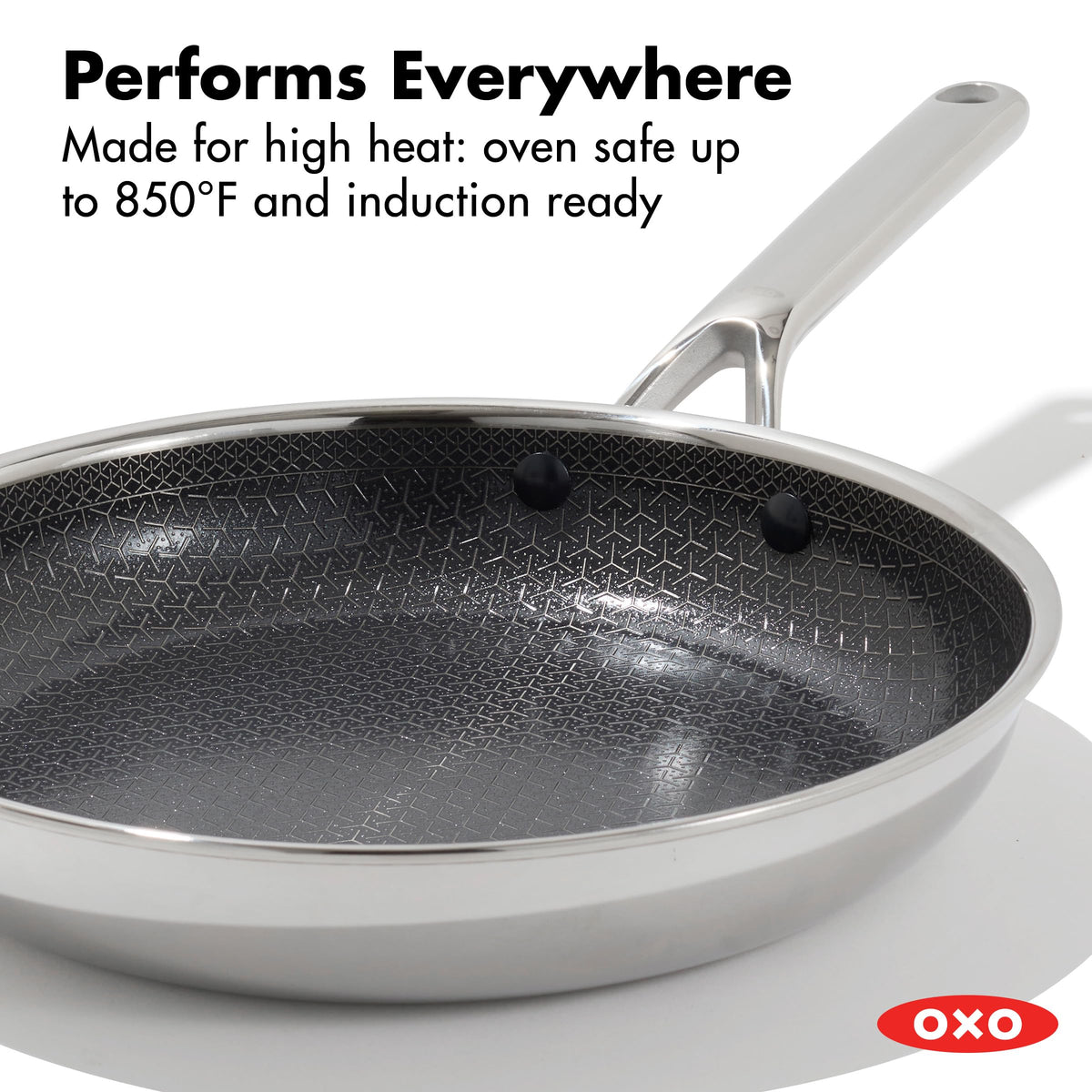 OXO Hybrid 10-inch pan heat-concentration close-up highlights Fusion Boost technology