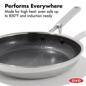 OXO Hybrid 10-inch pan heat-concentration close-up highlights Fusion Boost technology