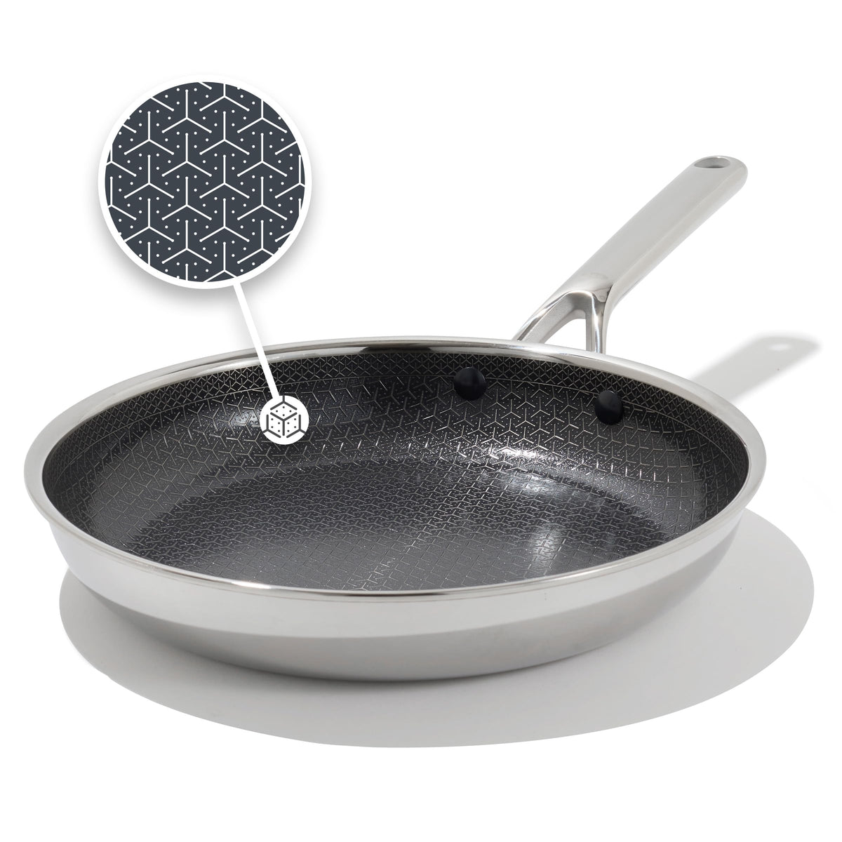 OXO Hybrid 10-inch pan side view shows durable tri-ply steel for even heating