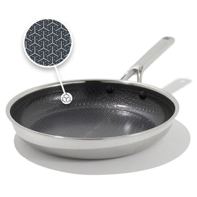 OXO Hybrid 10-inch pan side view shows durable tri-ply steel for even heating