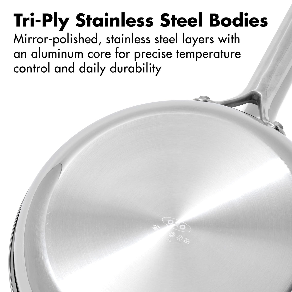 OXO Hybrid 10-inch pan top view emphasizes raised etched pattern for even browning