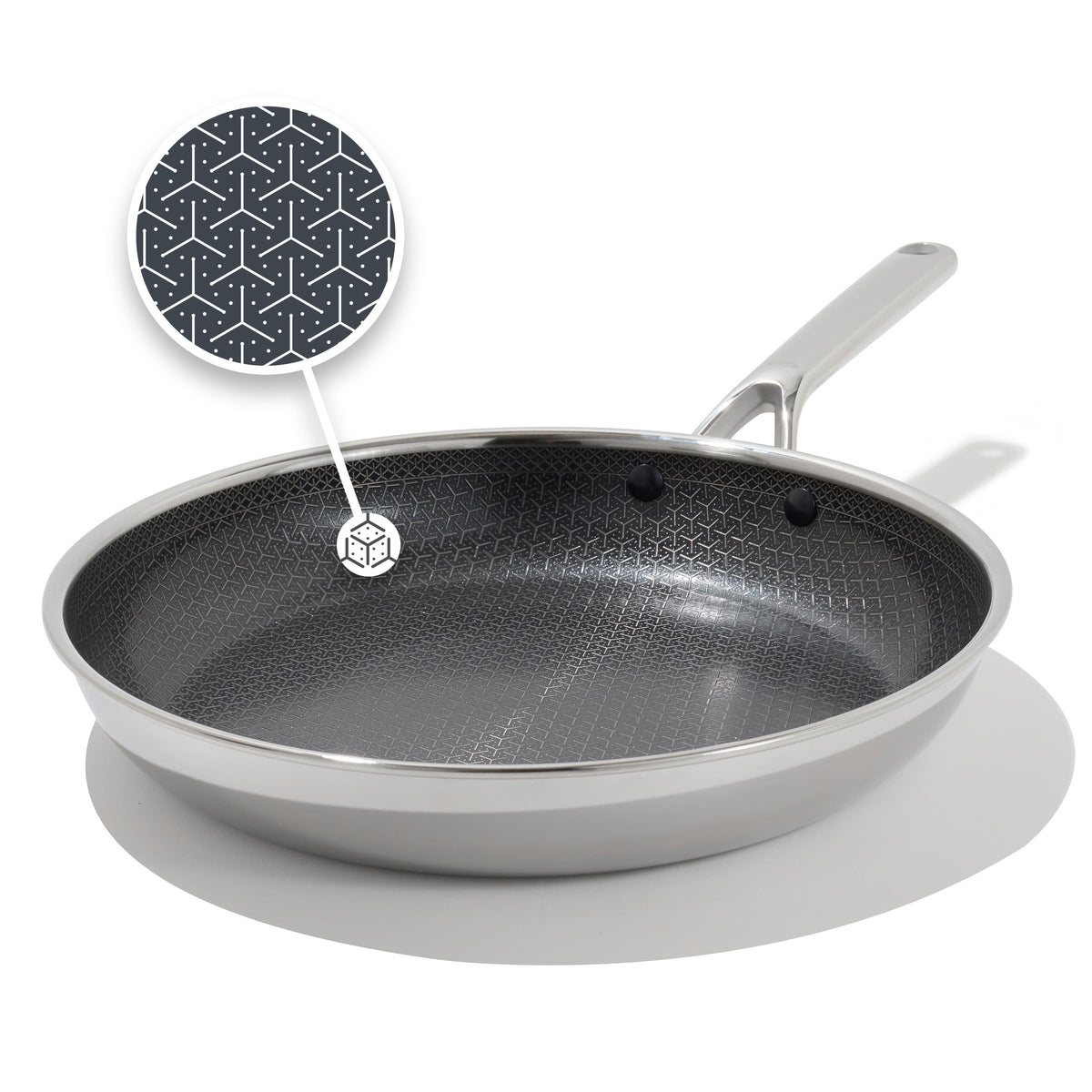 OXO Hybrid 12in frypan front view with comfortable handle for easy cleanup