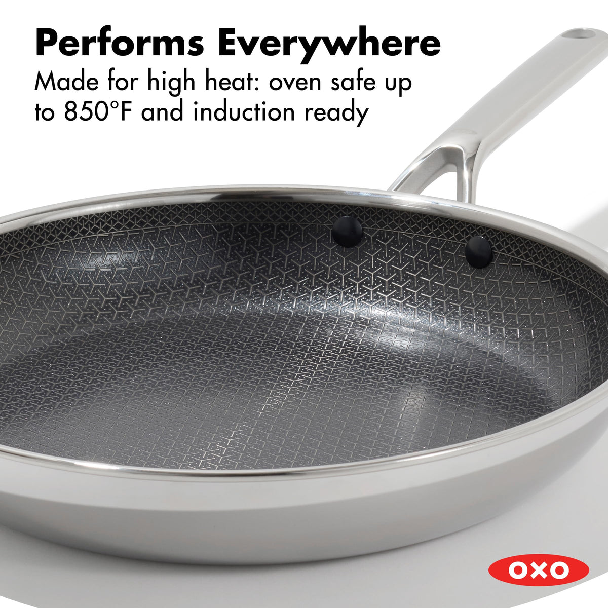 OXO Hybrid 12in frypan tri-ply stainless steel construction for fast, even heating