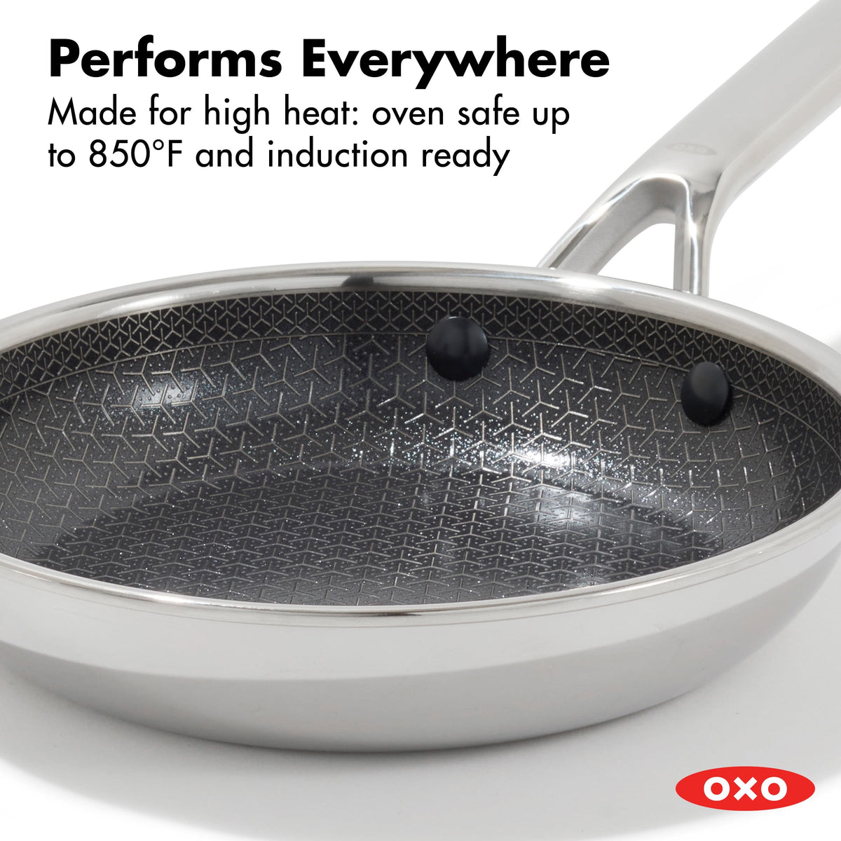 OXO Hybrid 8in fry pan browning detail highlighting uniform sear