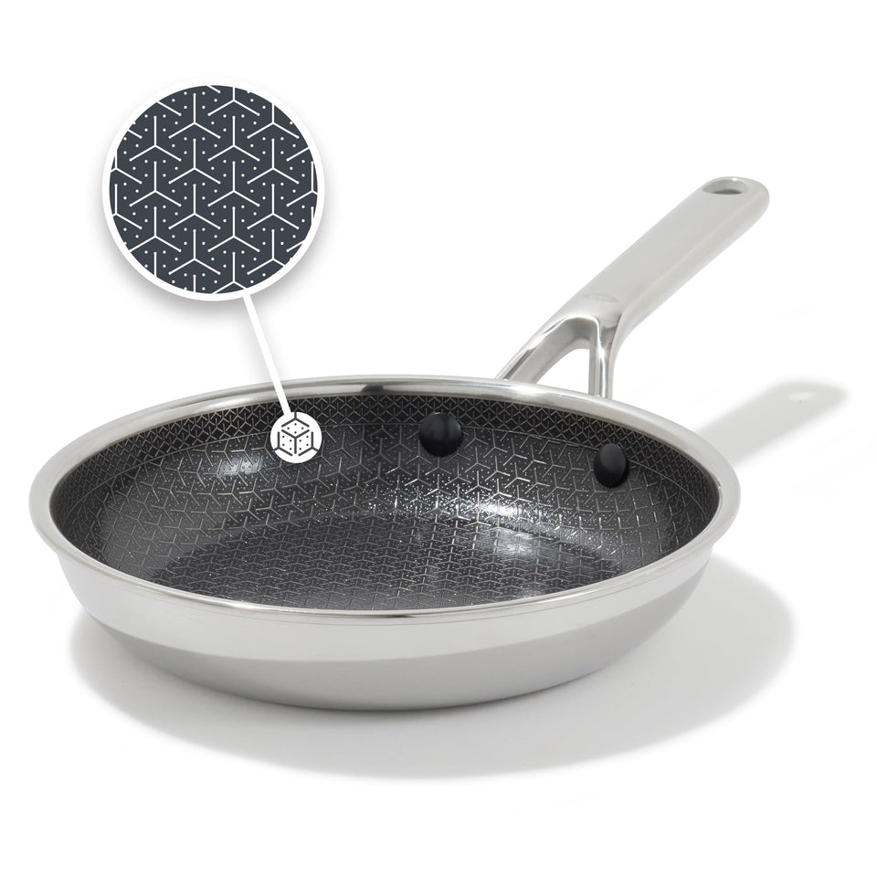 OXO Hybrid 8in fry pan with diamond nonstick for easy release during searing