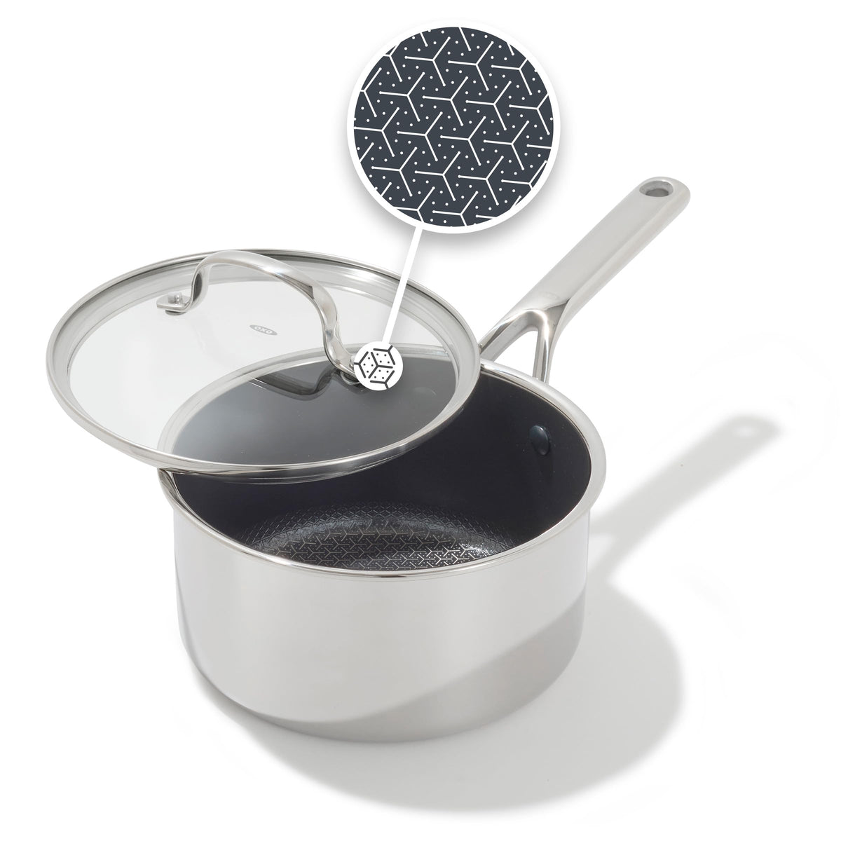 OXO Hybrid 2.5qt saucepan with glass lid for precise heat control.