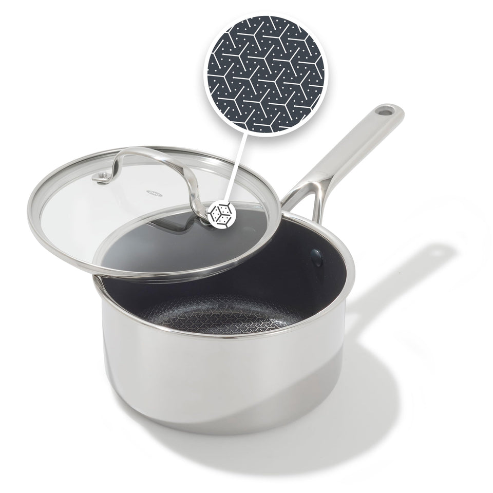 OXO Hybrid 2.5qt saucepan with glass lid for precise heat control.