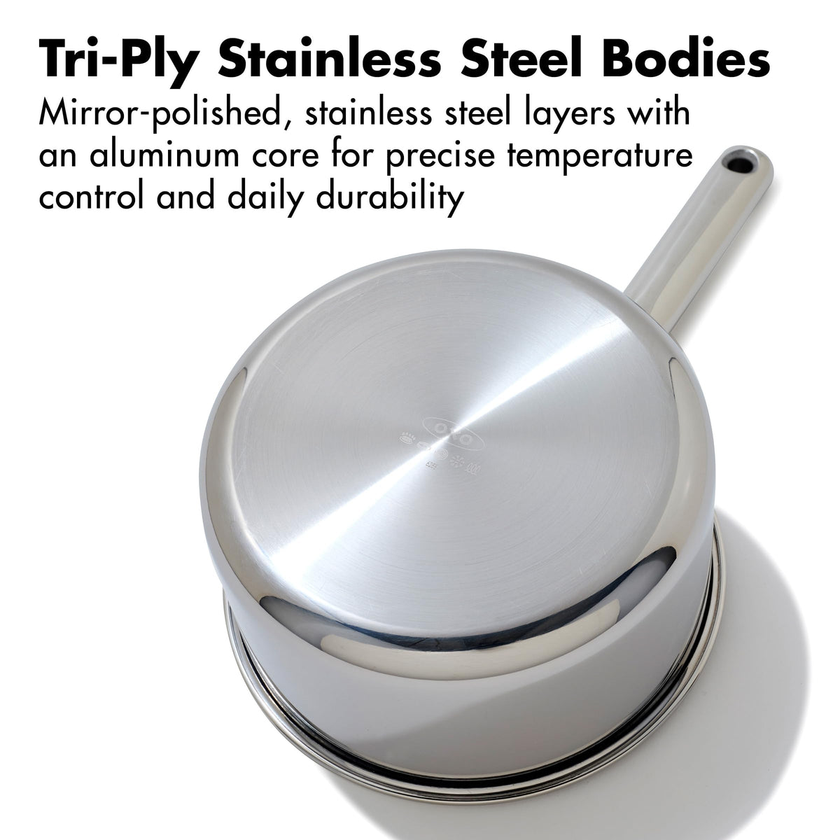 OXO Hybrid diamond-infused nonstick for effortless food release.