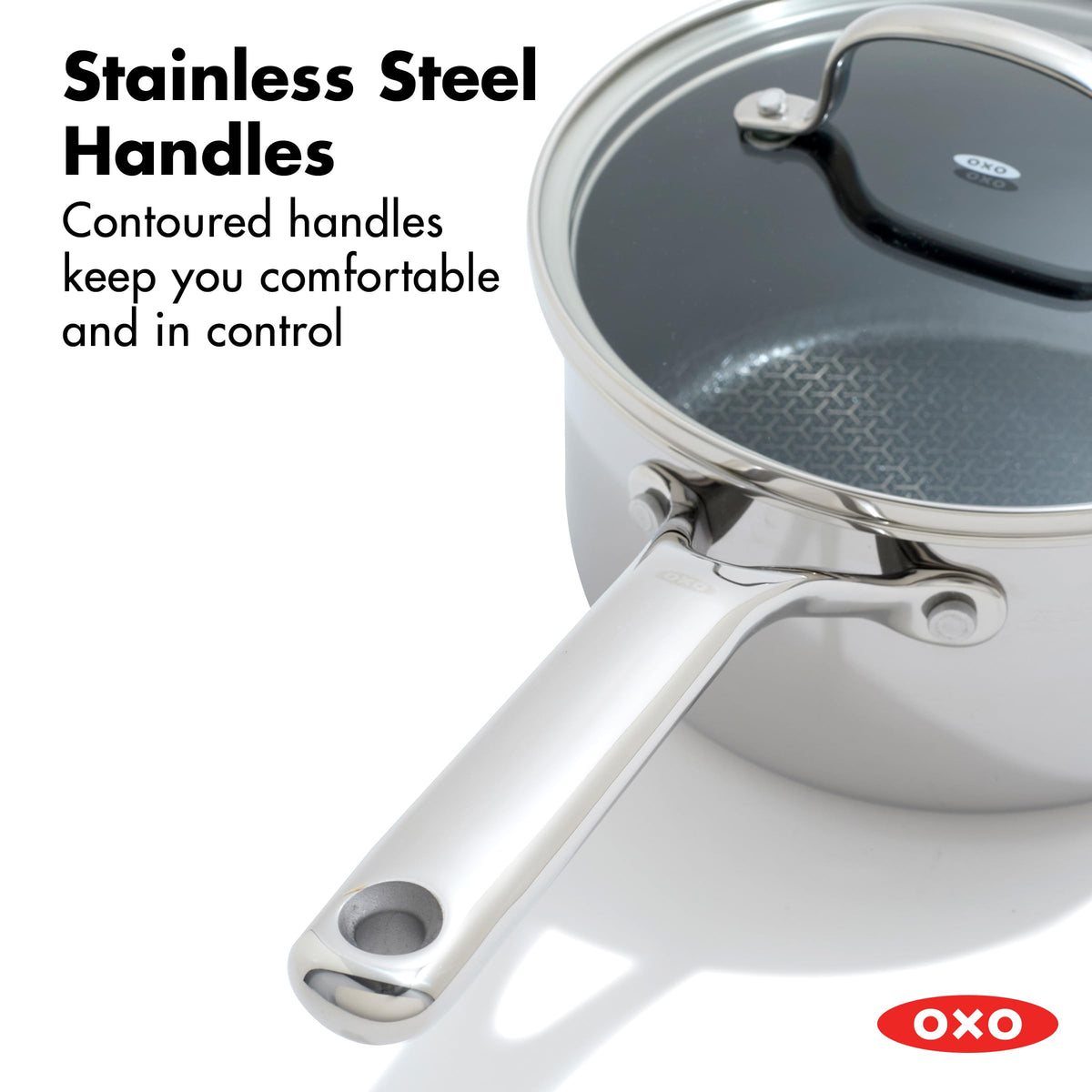 OXO Hybrid saucepan shown finishing a dish in the oven up to 850F.