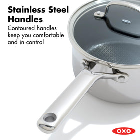 OXO Hybrid saucepan shown finishing a dish in the oven up to 850F.