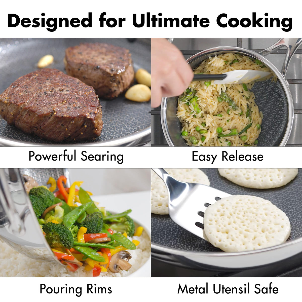 OXO Hybrid tri-ply stainless steel with aluminum core for fast, even heating.