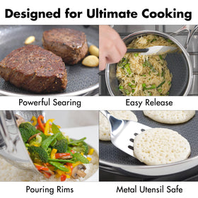OXO Hybrid tri-ply stainless steel with aluminum core for fast, even heating.
