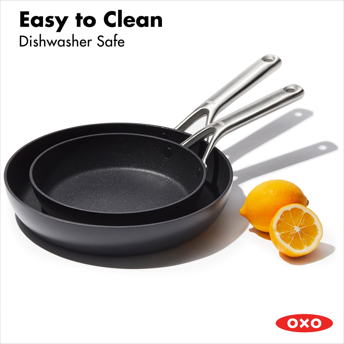 OXO induction-ready base and dishwasher-safe design for busy kitchens.