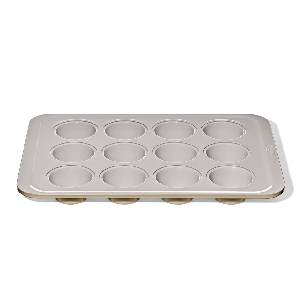 OXO Good Grips muffin pan top view highlights 12-cup layout for even baking