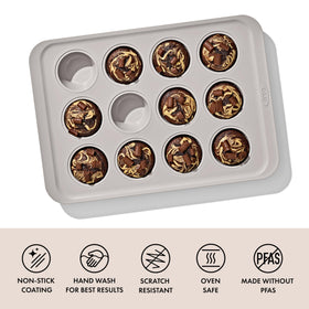 OXO Good Grips muffin pan ceramic coating close-up showing easy release
