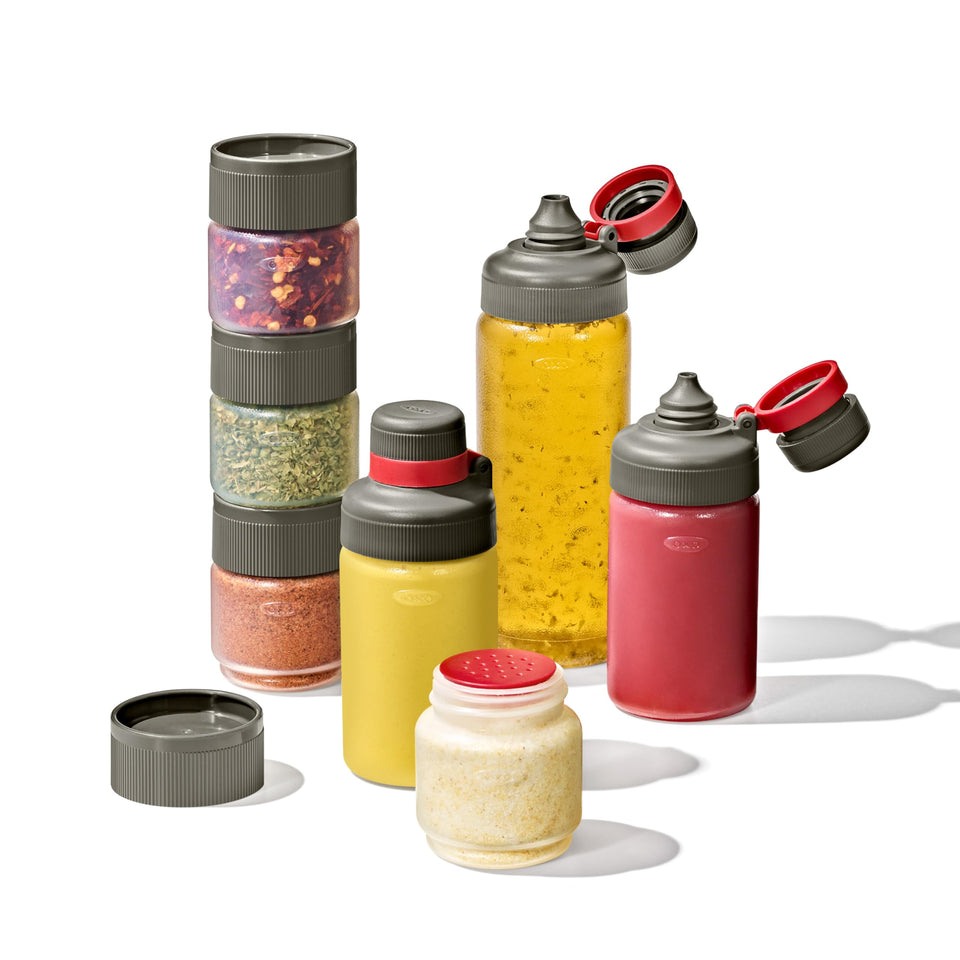 OXO Outdoor 7-Piece Spice Shaker Set displayed assembled for easy campsite flavoring.