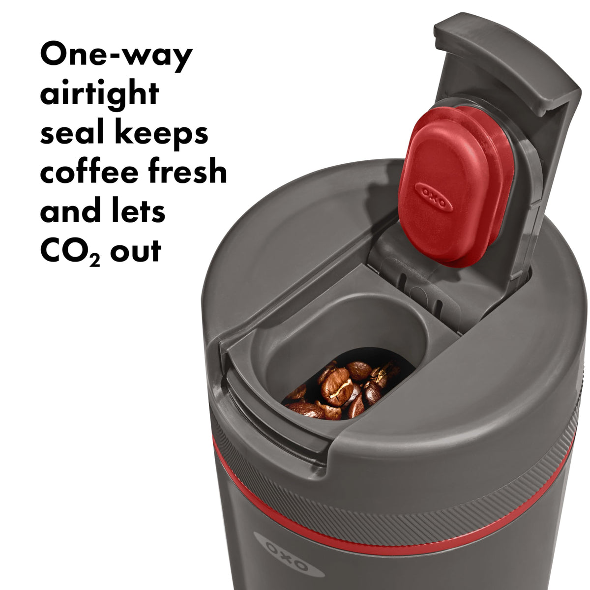 OXO Outdoor Coffee Storage Container showing airtight seal preserves aroma and freshness.
