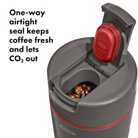 OXO Outdoor Coffee Storage Container showing airtight seal preserves aroma and freshness.