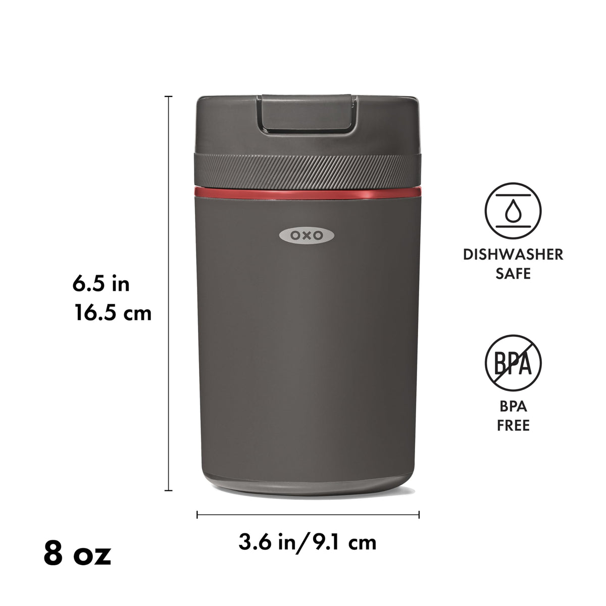 Dishwasher-safe and BPA-free OXO coffee container for simple cleaning after outdoor use.