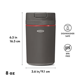 Dishwasher-safe and BPA-free OXO coffee container for simple cleaning after outdoor use.