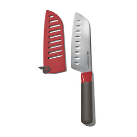 OXO Outdoor Santoku Knife blade close-up; sharp edge for effortless slicing.