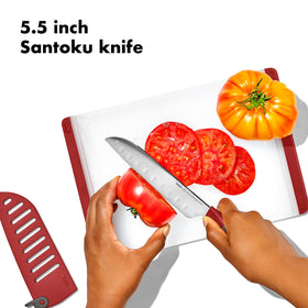 OXO Outdoor Santoku Knife handle grip provides secure control even when hands are wet.