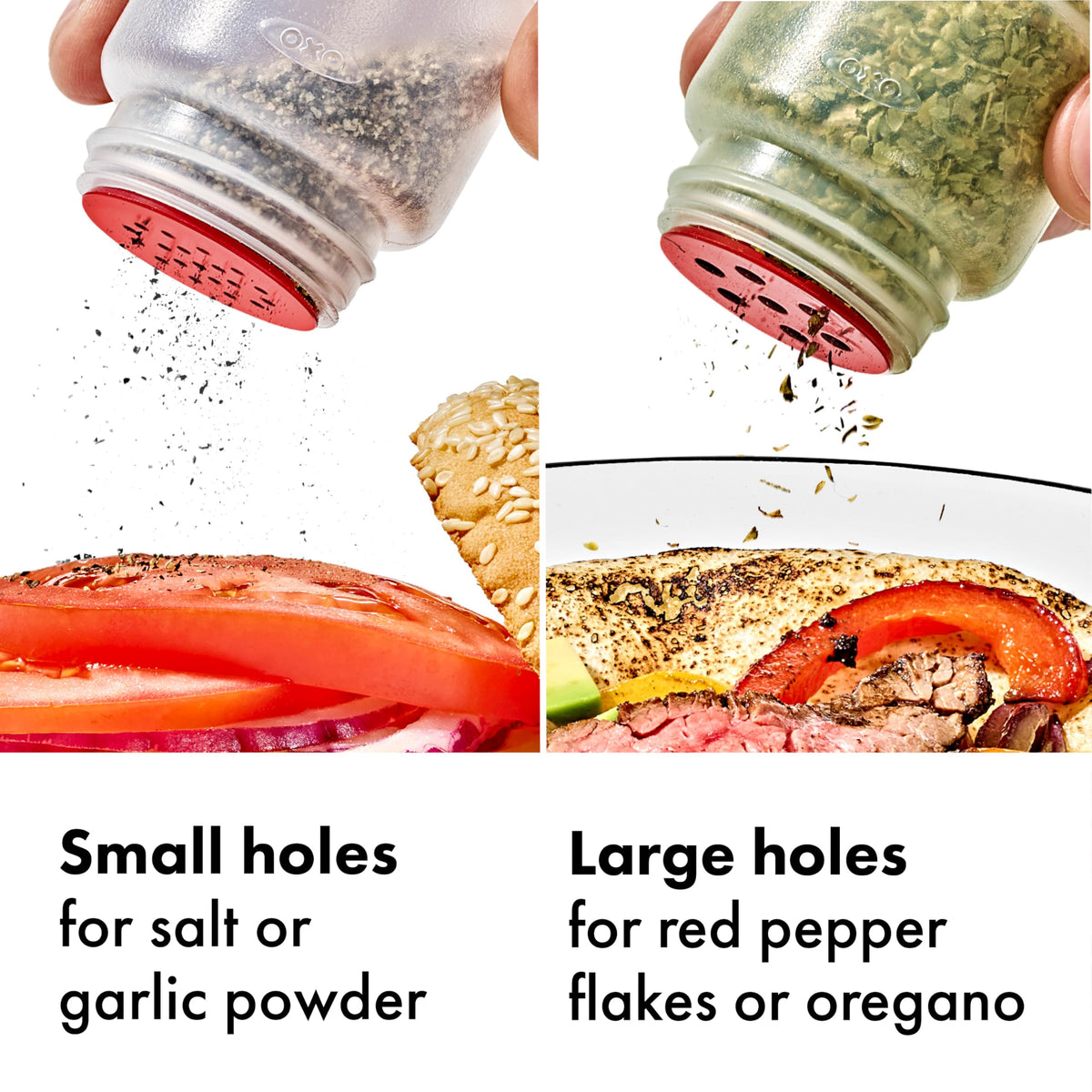 OXO Outdoor Spice Shakers small-hole inserts ideal for garlic powder and salt.
