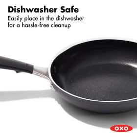 OXO pan is oven safe to 392°F and dishwasher safe for easy cleanup
