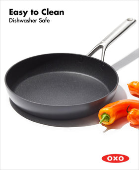Dishwasher-safe OXO frying pan enables easy cleanup after meals.