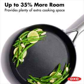 Hard-anodized body of the OXO frying pan provides quick, even heating.