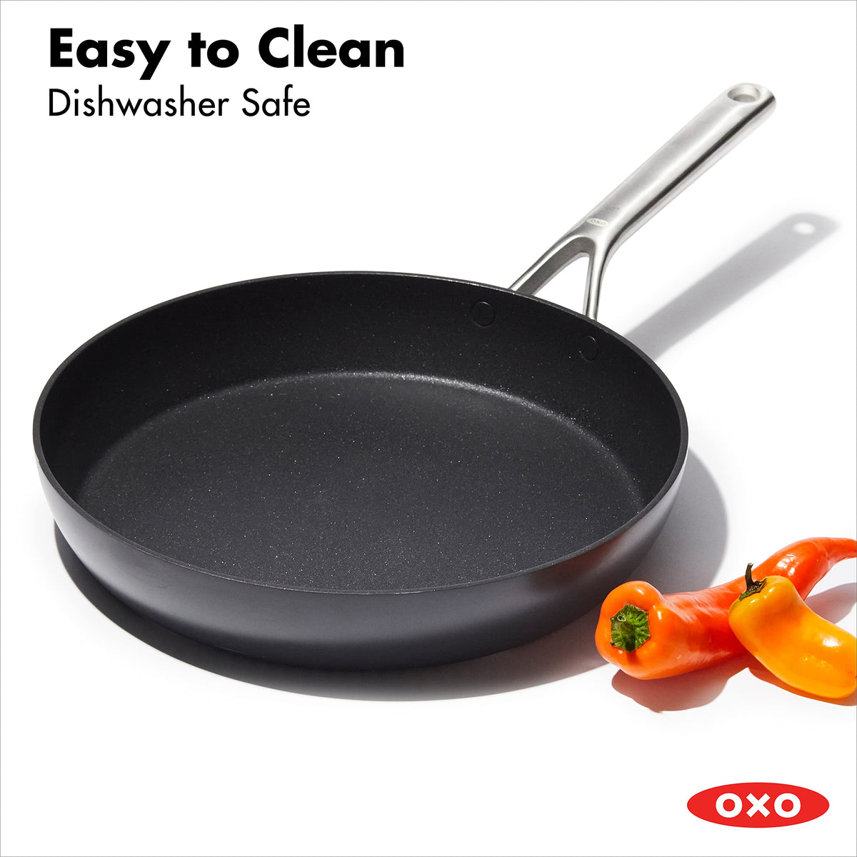 Dishwasher- and oven-safe design for versatile cooking with OXO Professional pan.