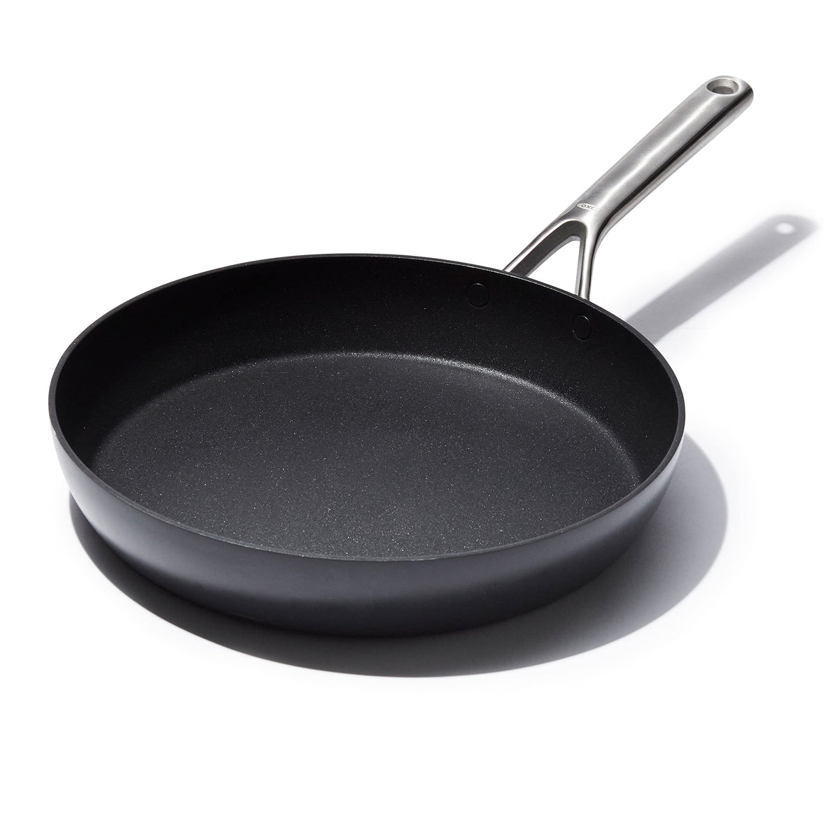 OXO Professional 12-inch frying pan sears foods evenly with steady heat.