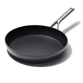 OXO Professional 12-inch frying pan sears foods evenly with steady heat.
