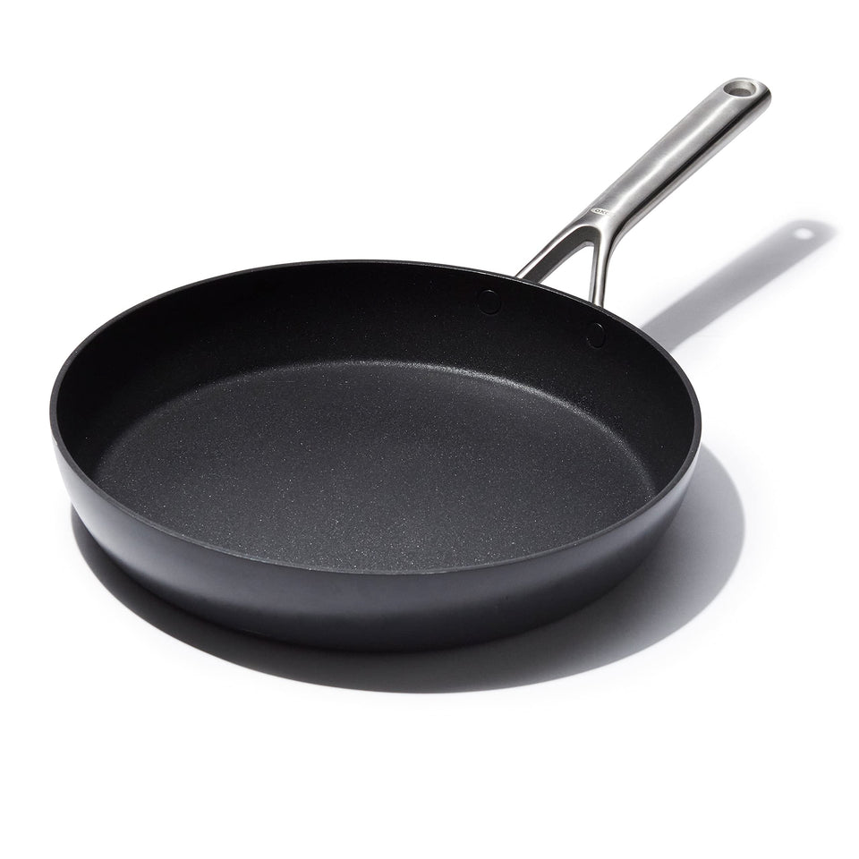 OXO Professional 12-inch frying pan sears foods evenly with steady heat.